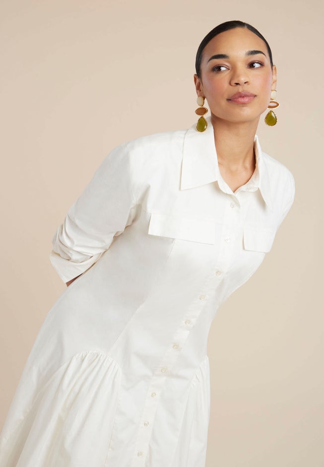 Shirred Godet Flare Poplin Dress image number null