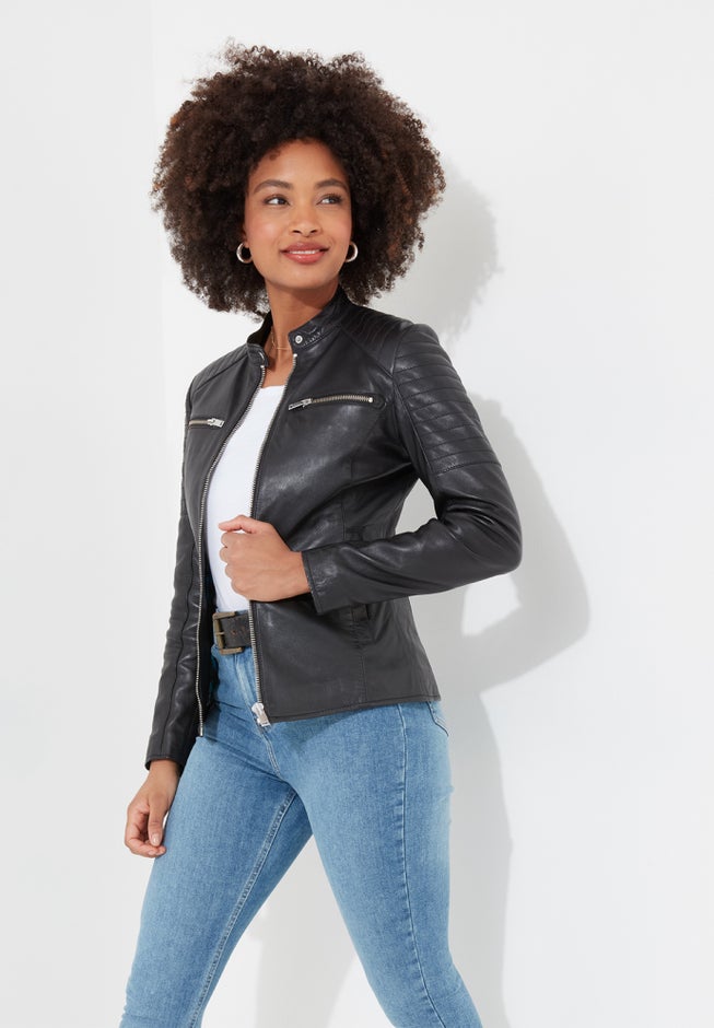 Leather Zip Biker Jacket image number null