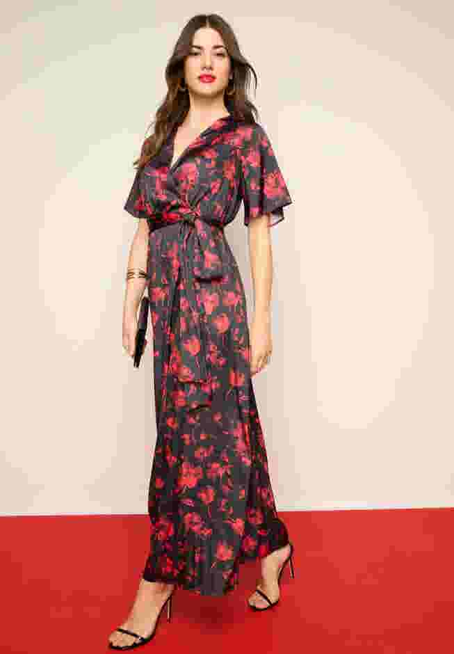 Stretch Satin Faux Wrap Dress image number 2