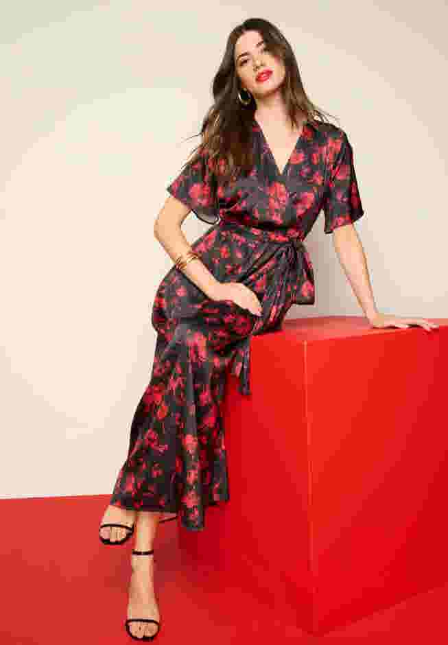 Stretch Satin Faux Wrap Dress image number 3