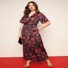 Stretch Satin Faux Wrap Dress image number null