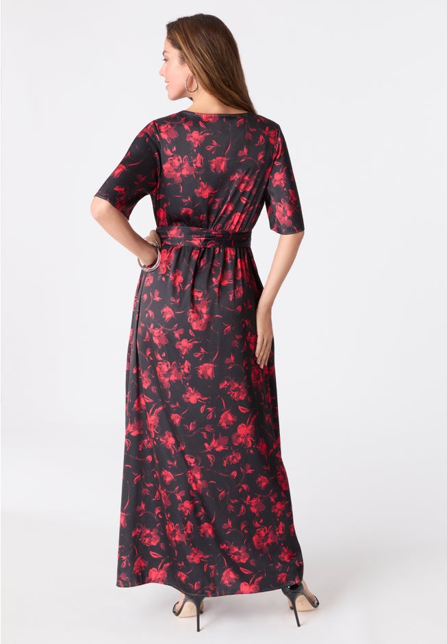 Stretch Satin Faux Wrap Dress image number 1