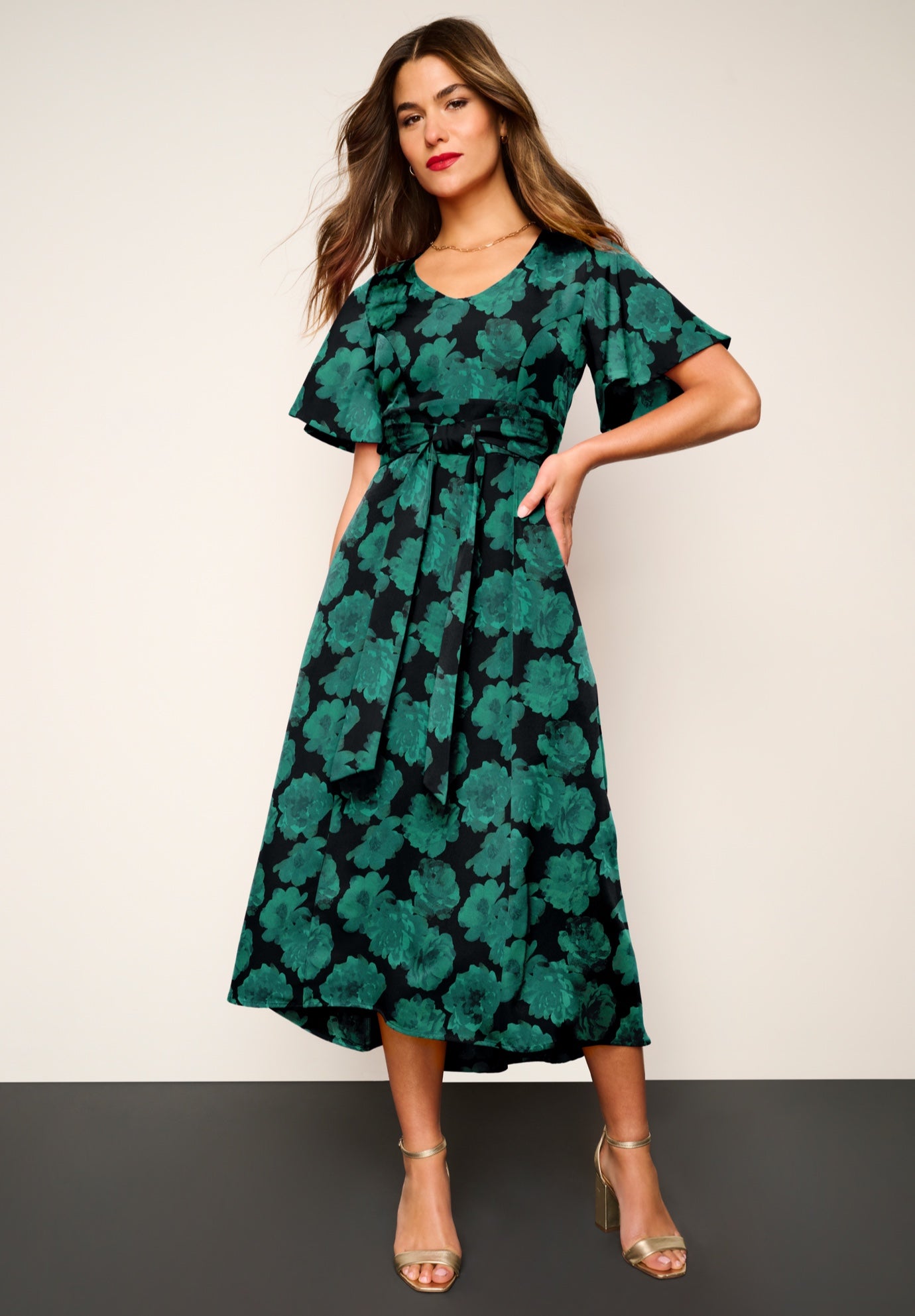 Plus Size Flutter Sleeve V-Neck Fit and Flare Bi-stretch Maxi Dress image number 0