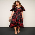 Plus Size Flutter Sleeve V-Neck Fit and Flare Bi-stretch Maxi Dress image number null
