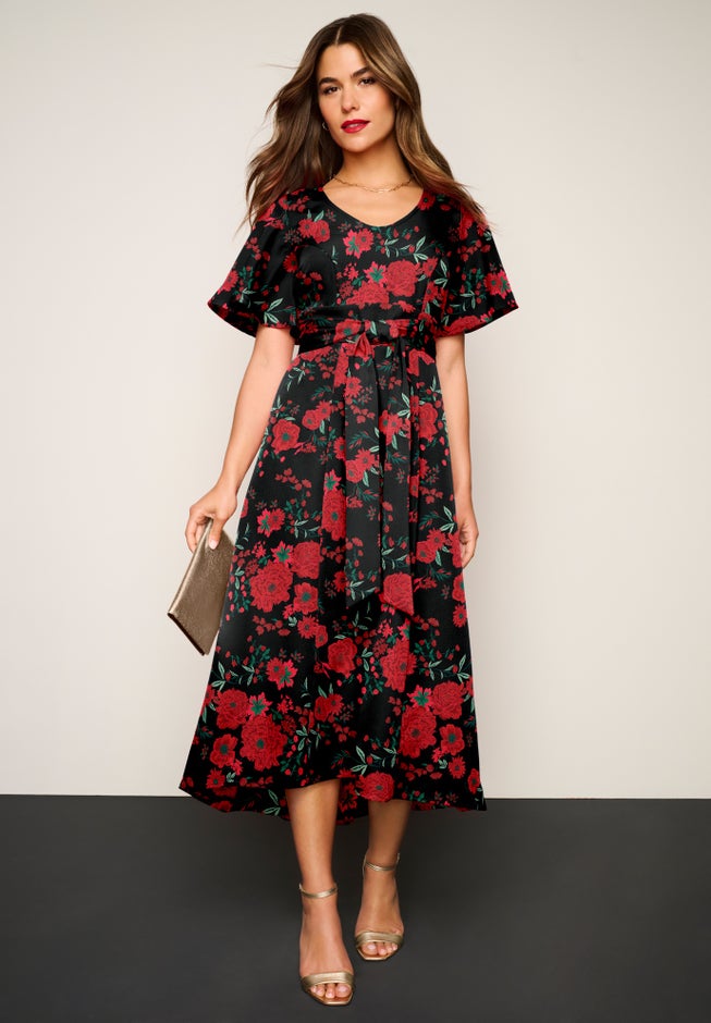 Plus Size Flutter Sleeve V-Neck Fit and Flare Bi-stretch Maxi Dress image number 0