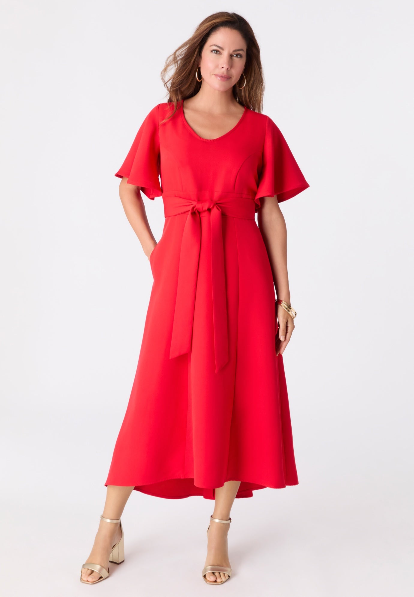Plus Size Flutter Sleeve V-Neck Fit and Flare Bi-stretch Maxi Dress image number 1