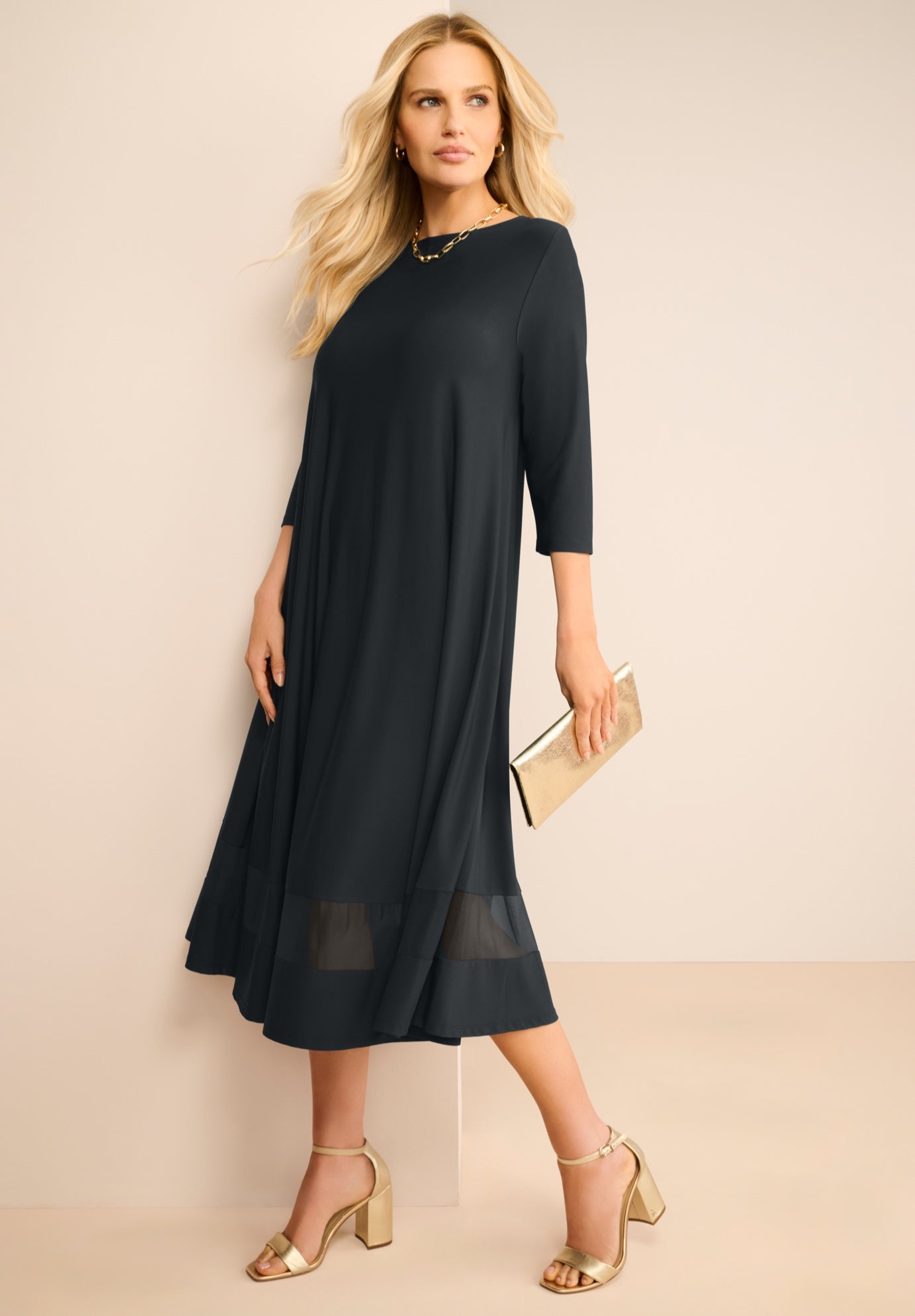 Plus Size 3/4 Sleeve Mesh Inset Boatneck Dress image number 0