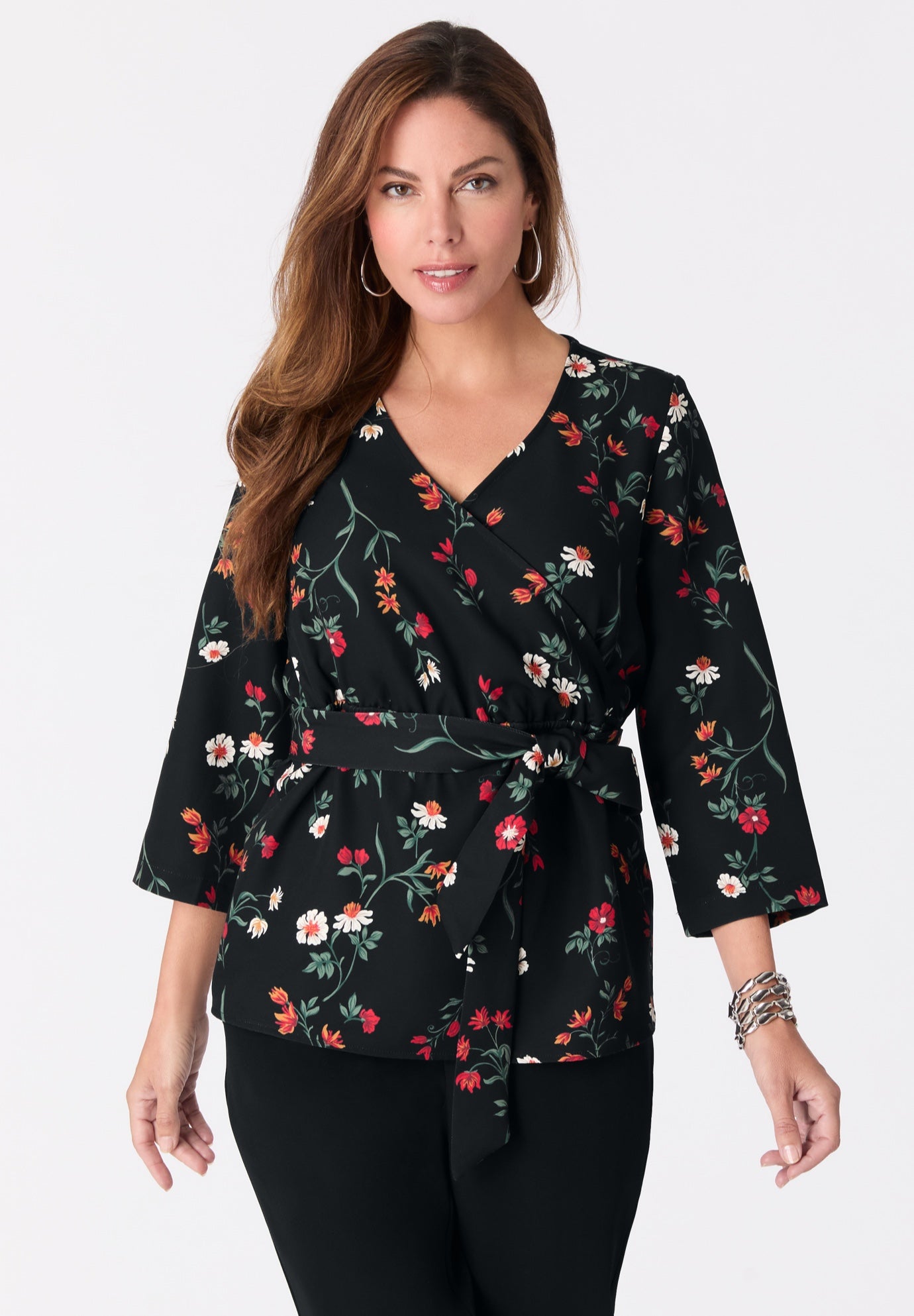 Faux Wrap Tie Bi-Stretch Blouse image number 1