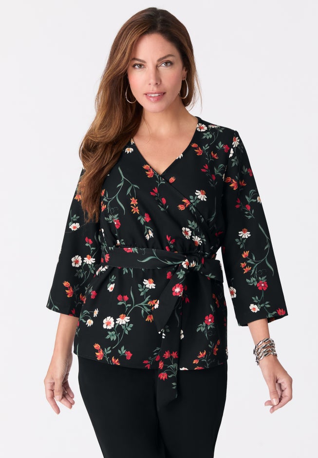 Faux Wrap Tie Bi-Stretch Blouse image number 1