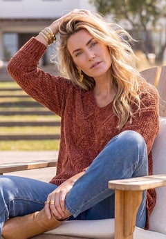 Chenille Pointelle V-Neck Pullover