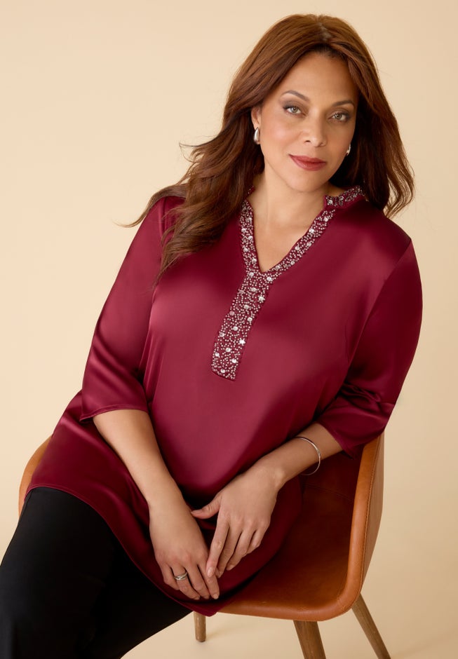 Embellished-Neck Satin Tunic image number 1