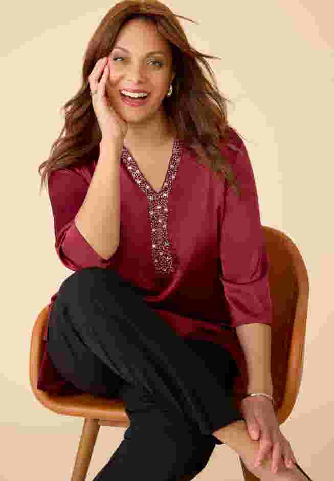 Embellished-Neck Satin Tunic image number 5