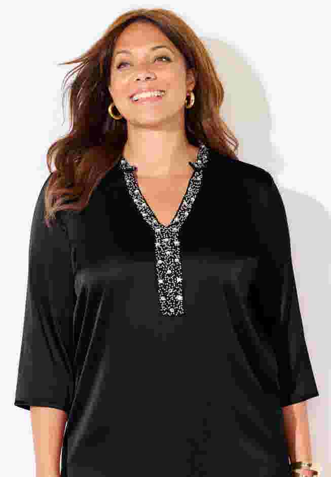 Embellished-Neck Satin Tunic image number 2