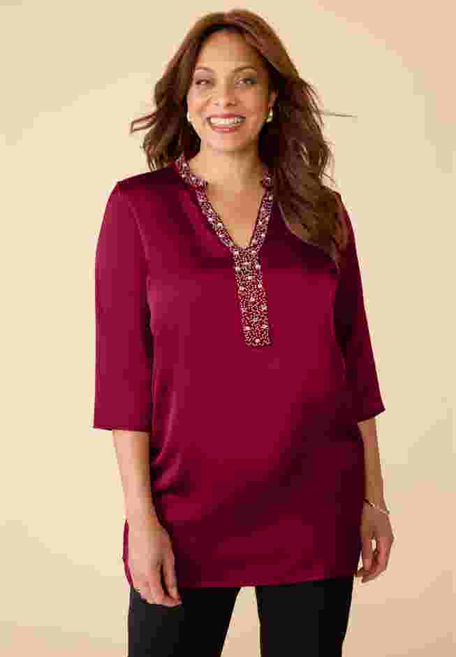 Embellished-Neck Satin Tunic image number 0