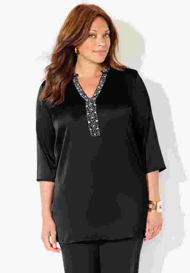 Embellished-Neck Satin Tunic image number 0