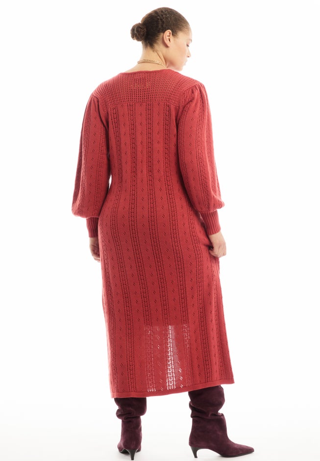 Puff-Sleeve Cardigan Sweater Midi Dress image number 1