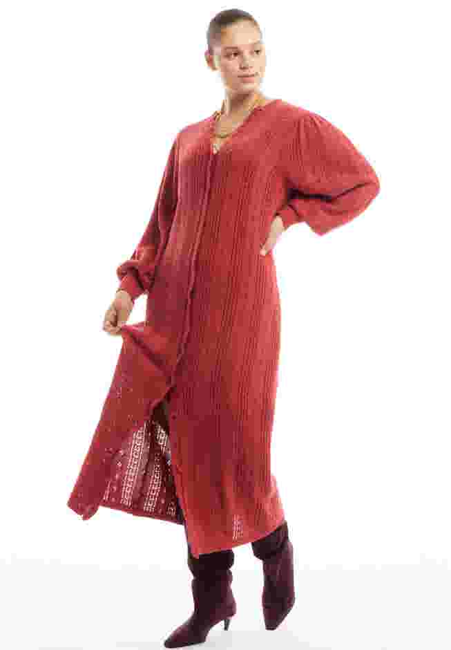 Puff-Sleeve Cardigan Sweater Midi Dress image number 3