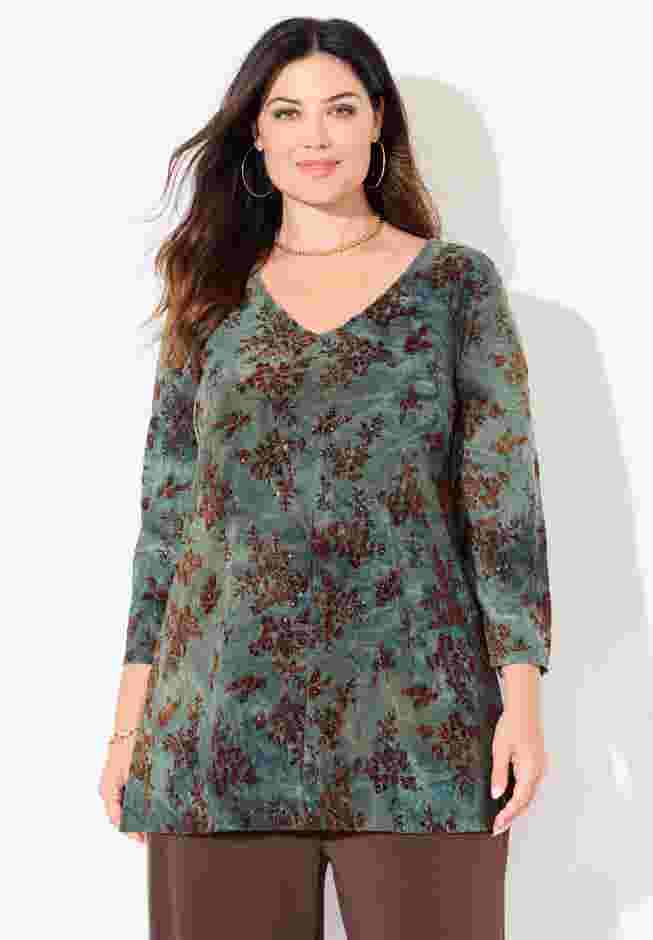 Flocked Tie-Dye V-Neck Tunic image number 0