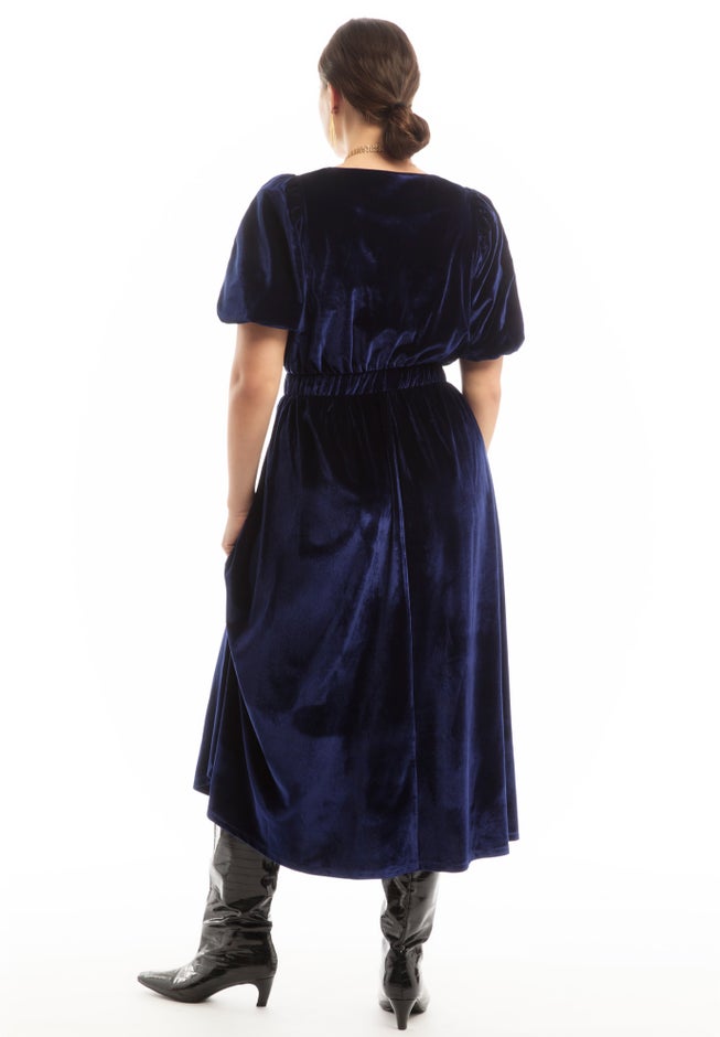 Puff Sleeve Stretch-Velvet Midi Dress image number 1