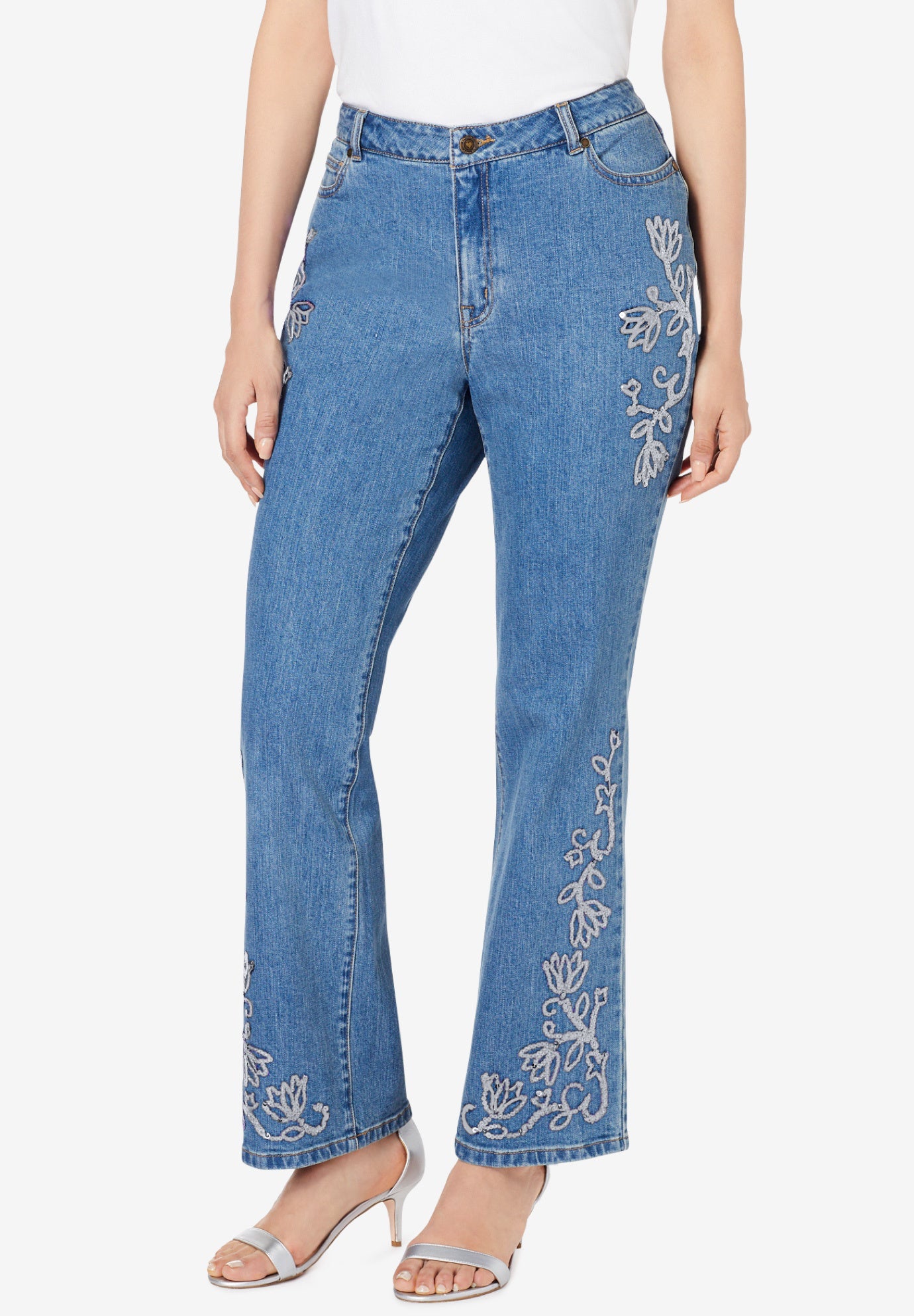 Plus Size Invisible Stretch&reg; Iconic Sequin-Embellished Bootcut Jean image number 0