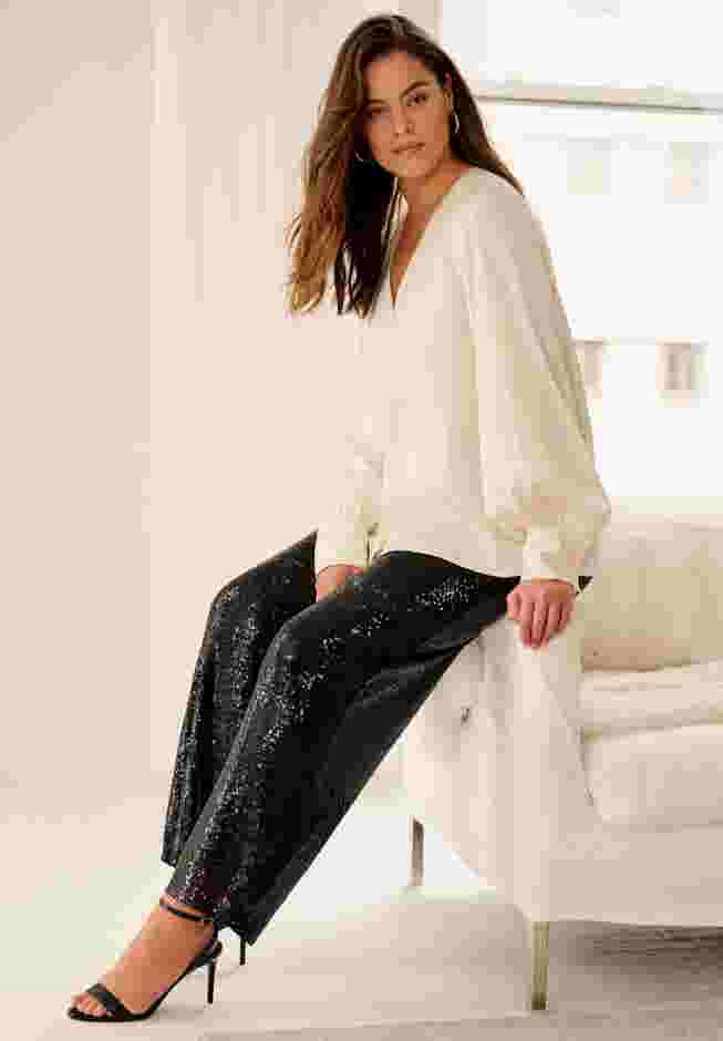 Satin Blouson Sleeve Button Front Blouse image number 1