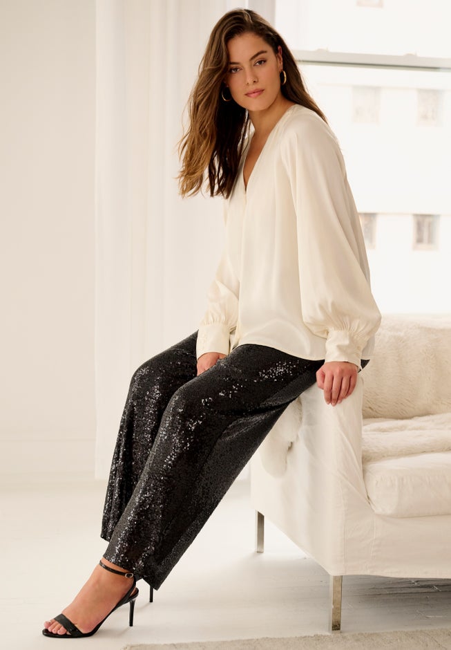 Satin Blouson Sleeve Button Front Blouse image number 1