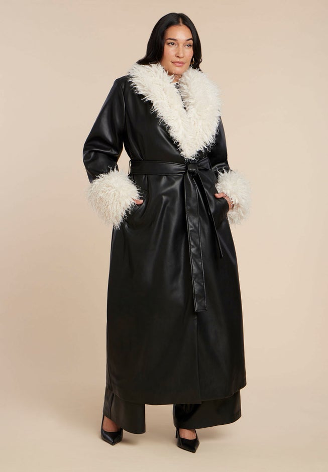 Faux Leather Coat With Fur Trim image number 1