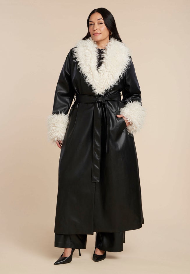 Faux Leather Coat With Fur Trim image number 5