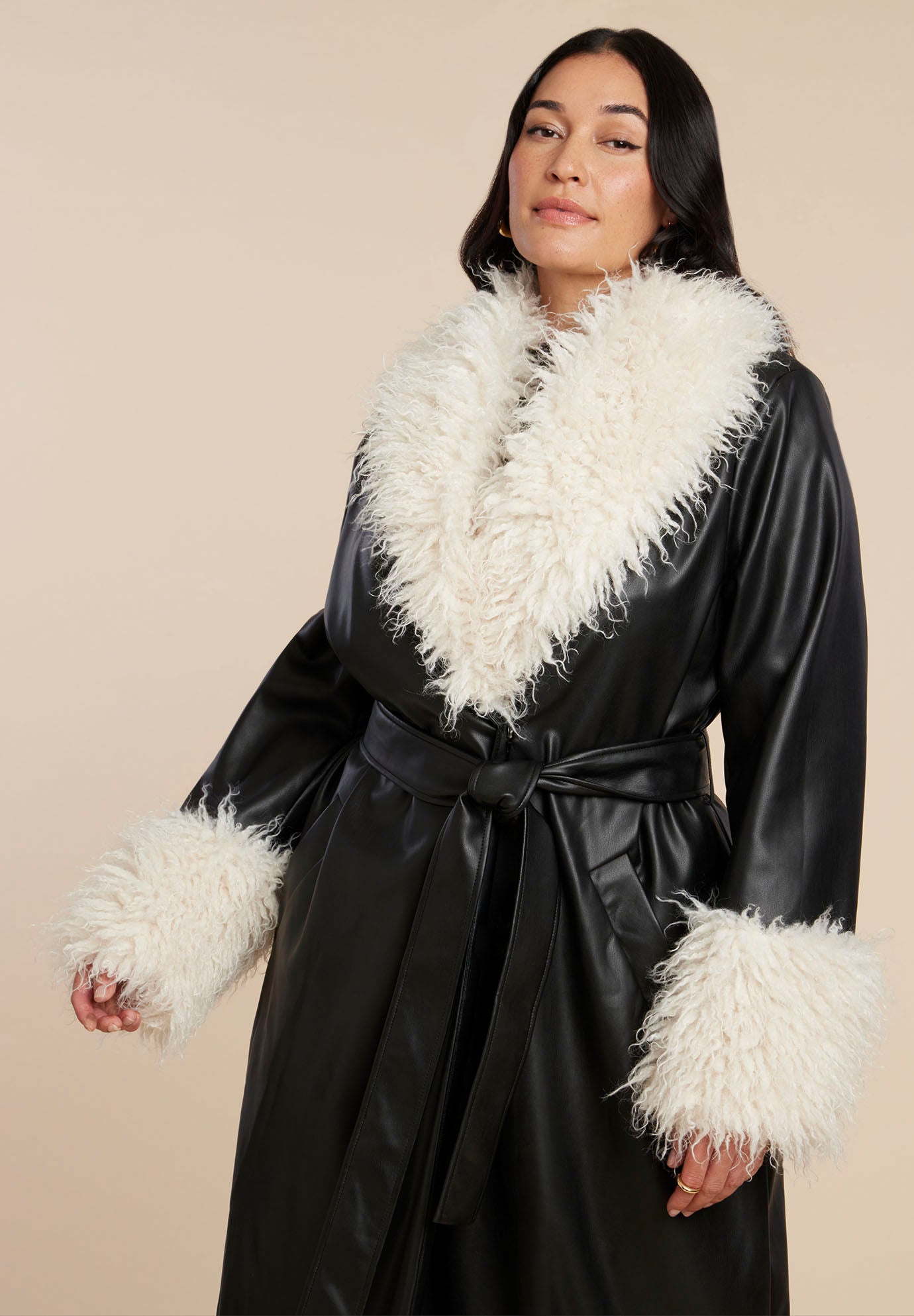 Faux Leather Coat With Fur Trim image number 6