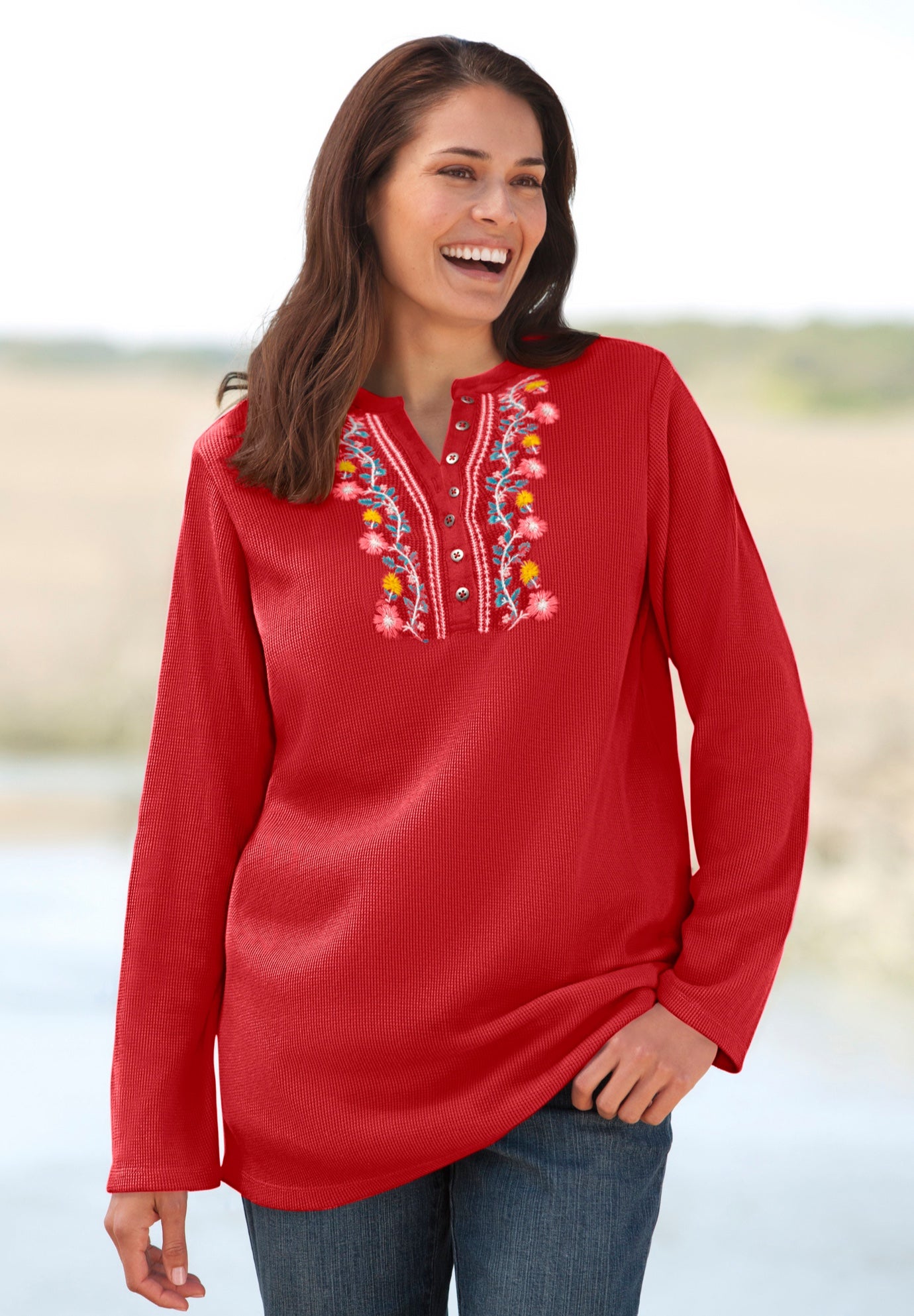 Embroidered Thermal Henley Tee image number 2