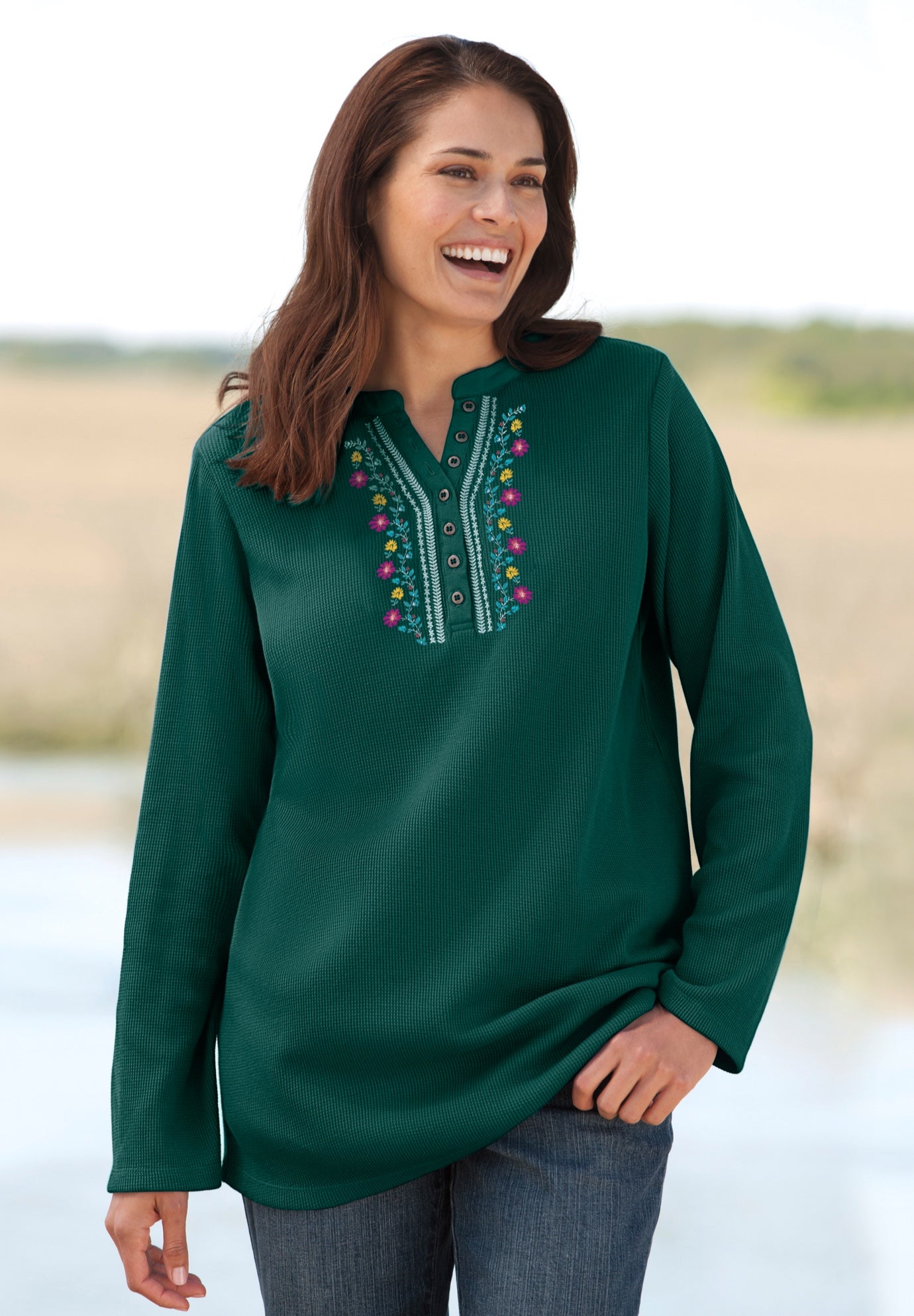 Embroidered Thermal Henley Tee image number 0