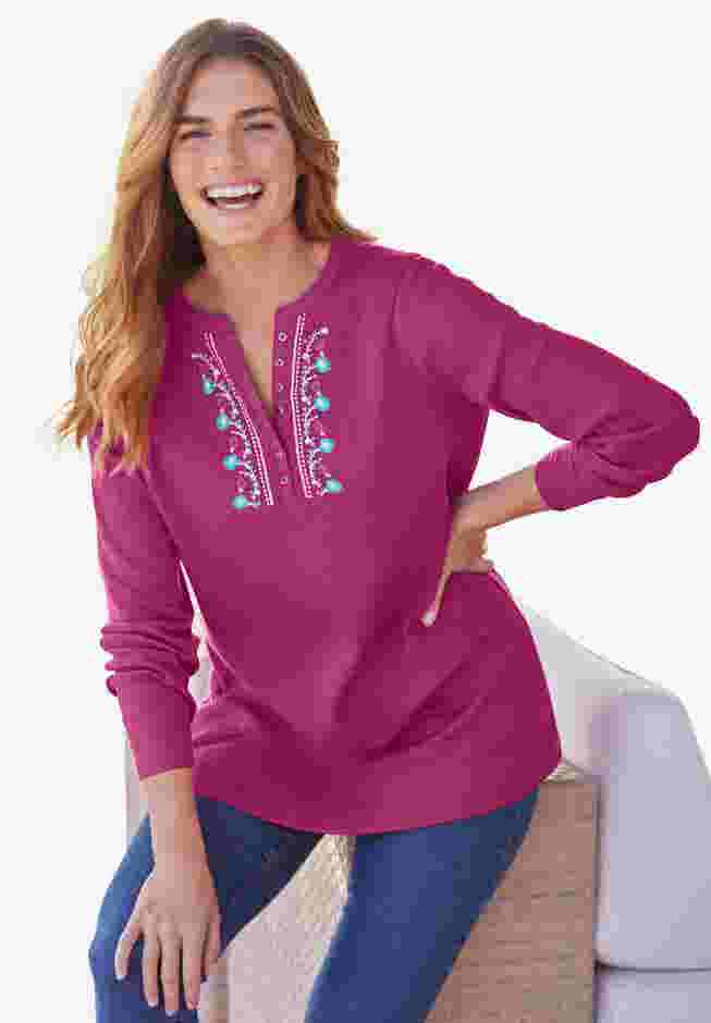 Embroidered Thermal Henley Tee image number 5