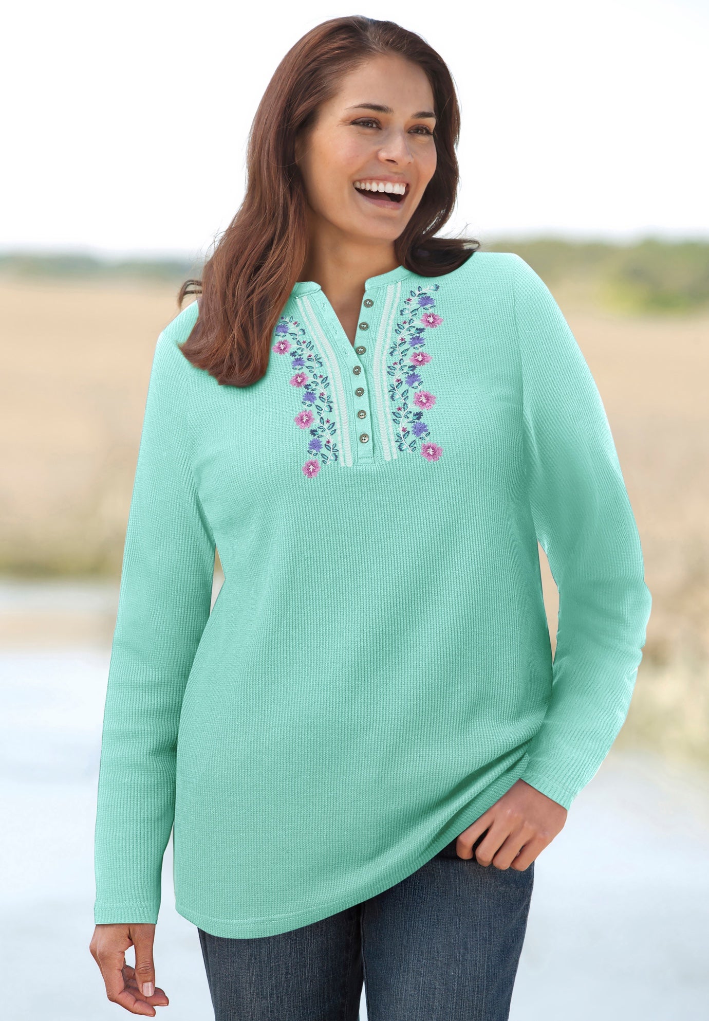 Embroidered Thermal Henley Tee image number 0