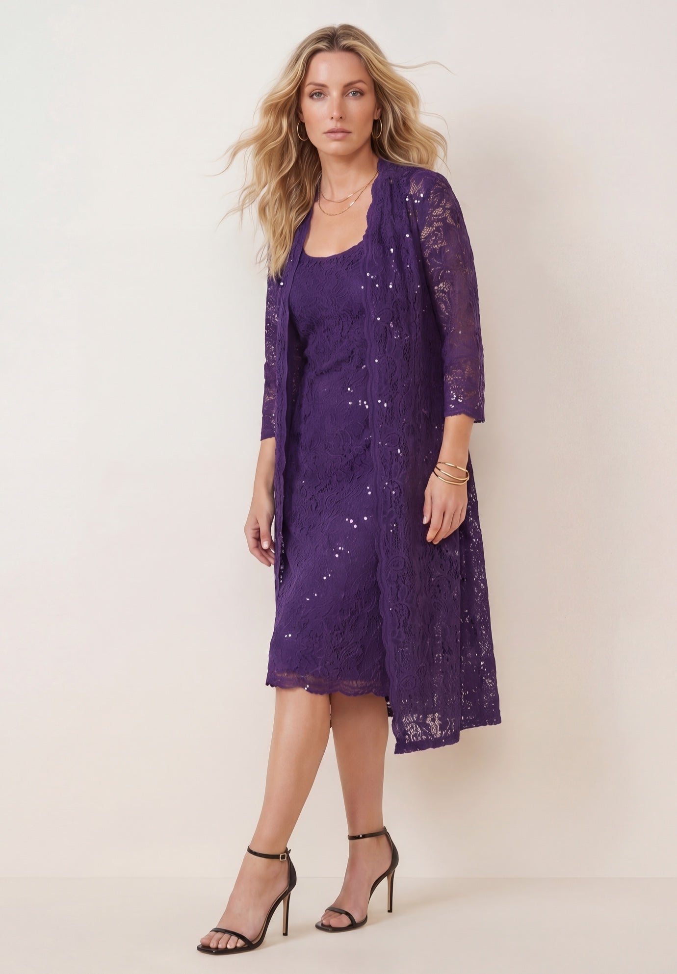 Plus Size 3/4 Sleeve Formal Duster Sequin &ndash; Embellished Lace Dress Set image number 2