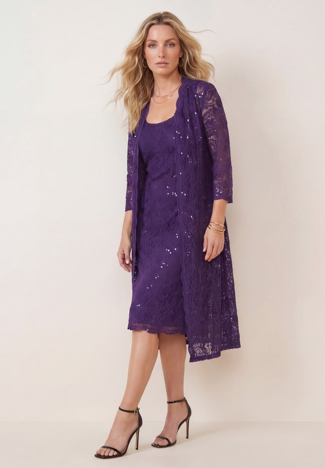 Plus Size 3/4 Sleeve Formal Duster Sequin &ndash; Embellished Lace Dress Set image number 2