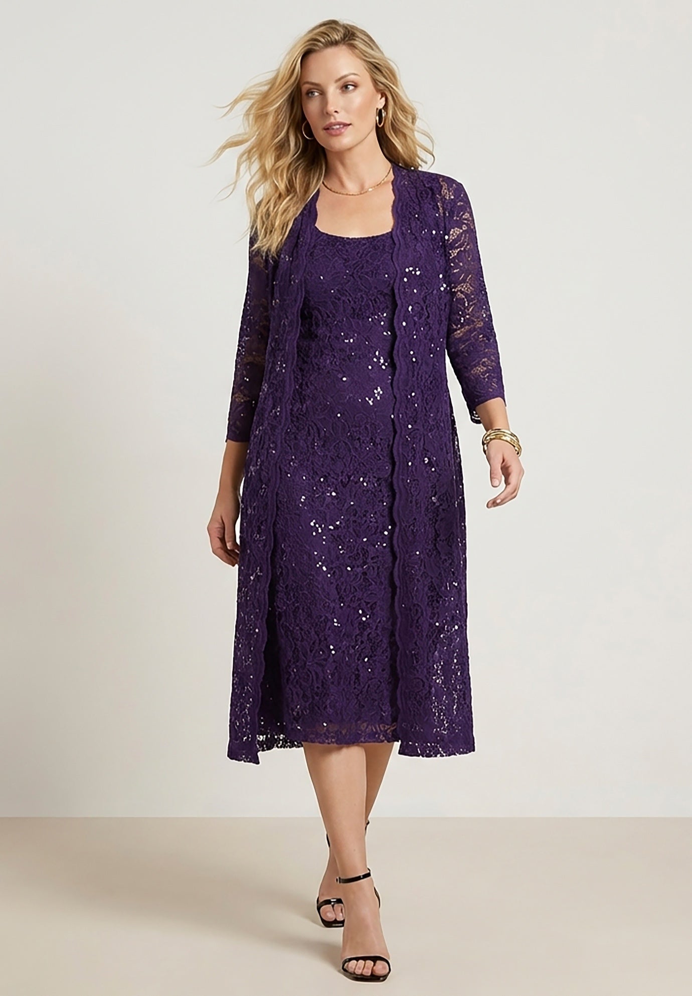 Plus Size 3/4 Sleeve Formal Duster Sequin &ndash; Embellished Lace Dress Set image number 0