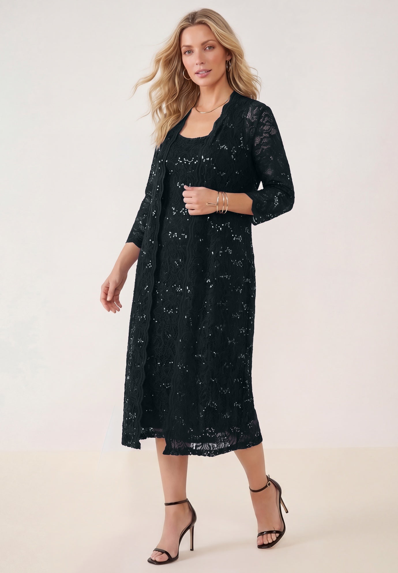 Plus Size 3/4 Sleeve Formal Duster Sequin &ndash; Embellished Lace Dress Set image number 0