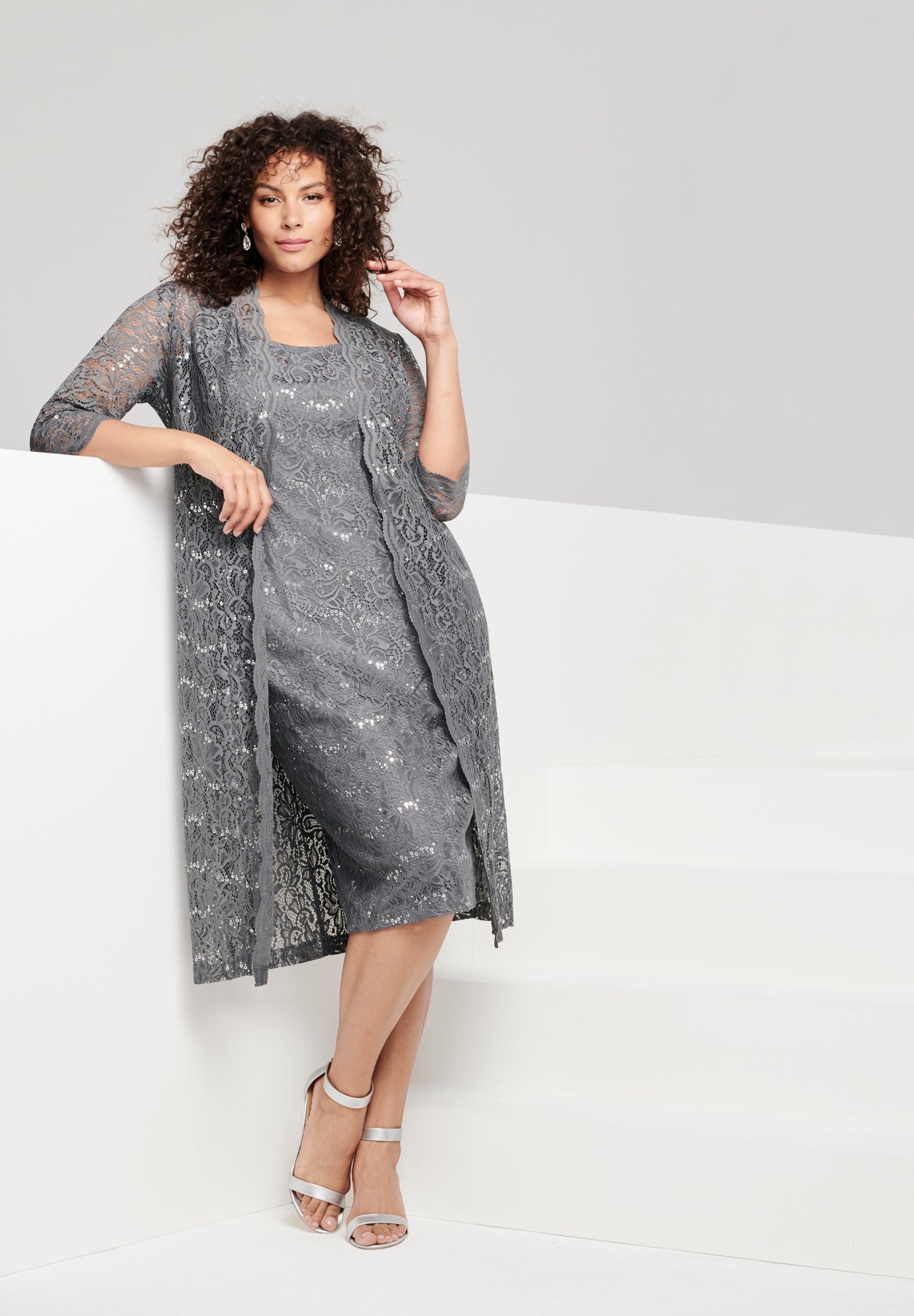 Plus Size 3/4 Sleeve Formal Duster Sequin – Embellished Lace Dress Set image number 0
