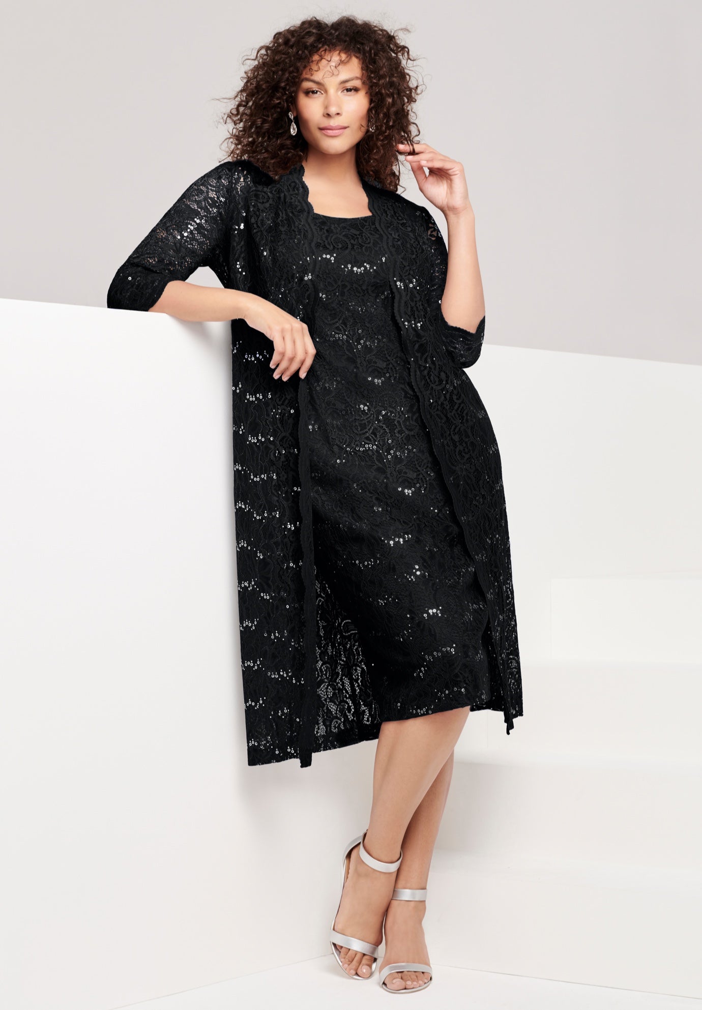 Plus Size 3/4 Sleeve Formal Duster Sequin &ndash; Embellished Lace Dress Set image number 0