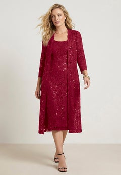 Plus Size 3/4 Sleeve Formal Duster Sequin &ndash; Embellished Lace Dress Set