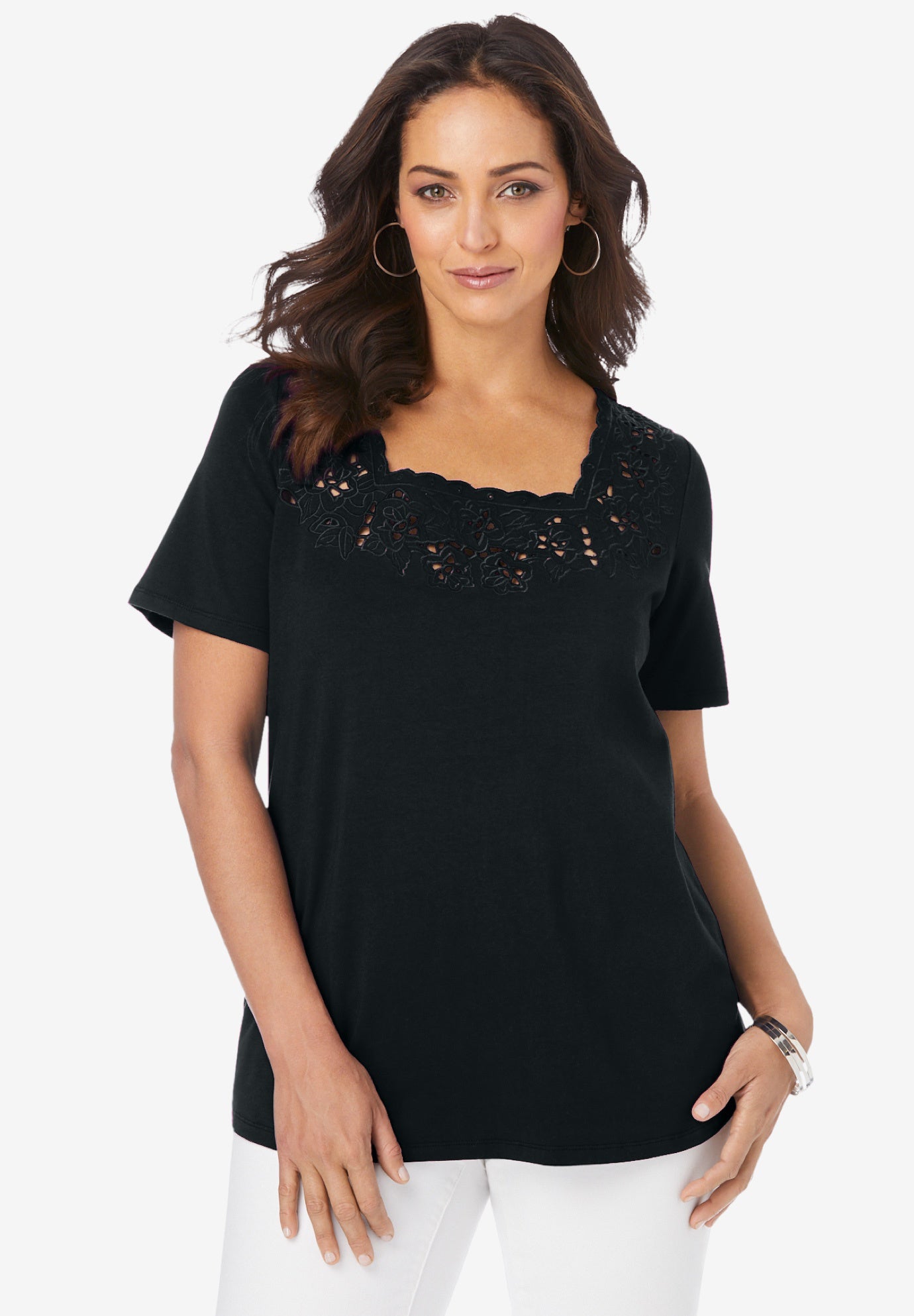 Stretch Cotton Eyelet Cutout Tee image number 0
