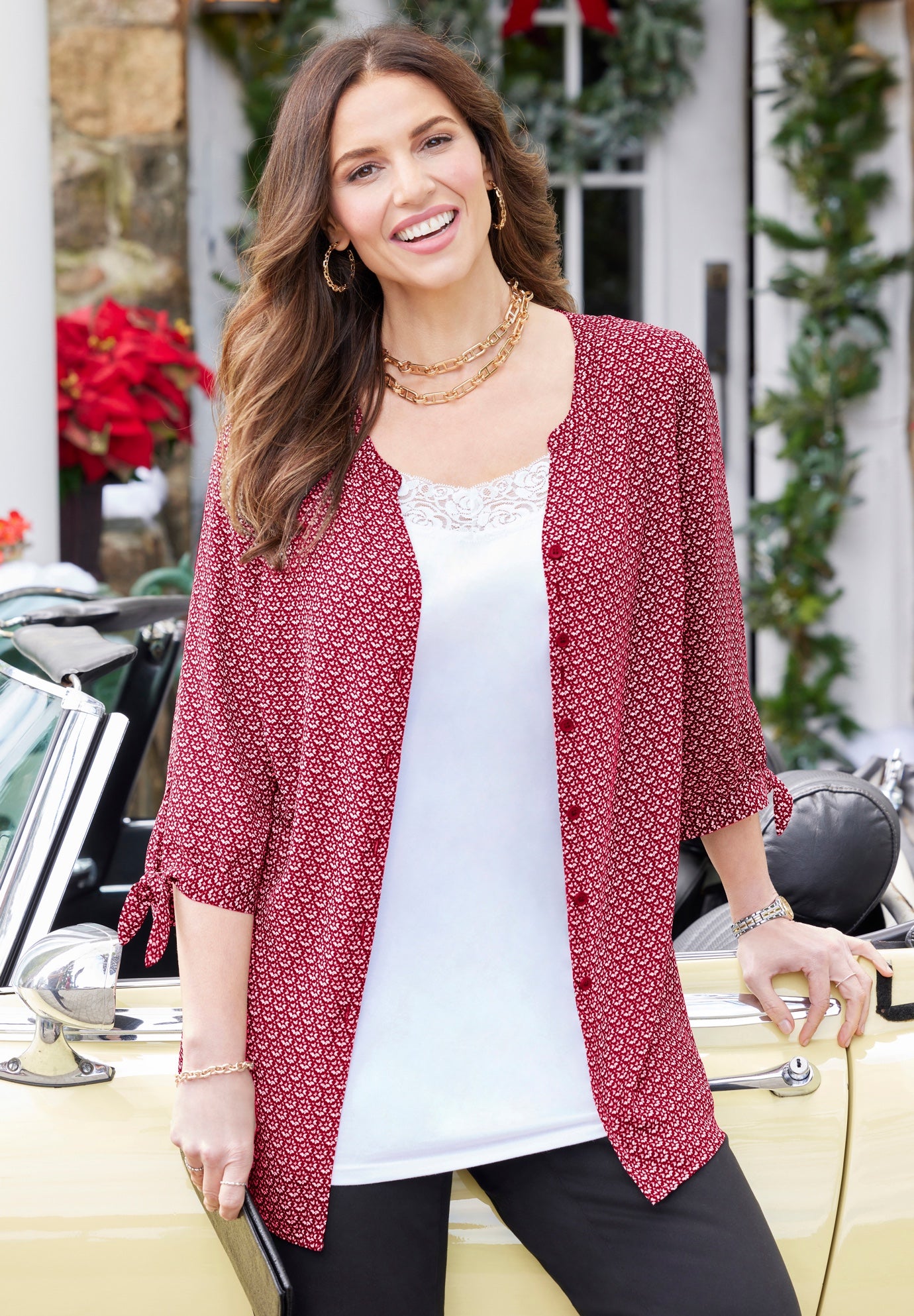 Georgette Buttonfront Tie Sleeve Cafe Blouse image number 2