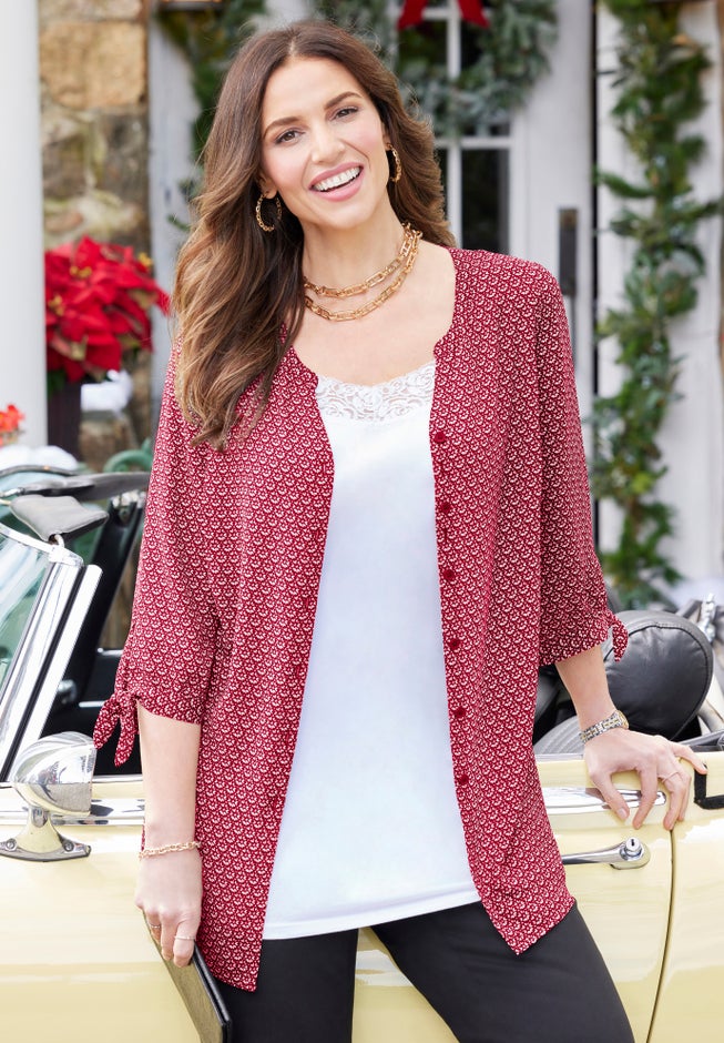 Georgette Buttonfront Tie Sleeve Cafe Blouse image number 2