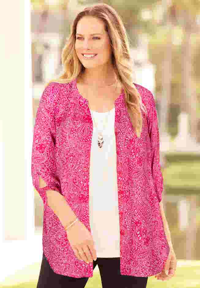 Georgette Buttonfront Tie Sleeve Cafe Blouse image number 1