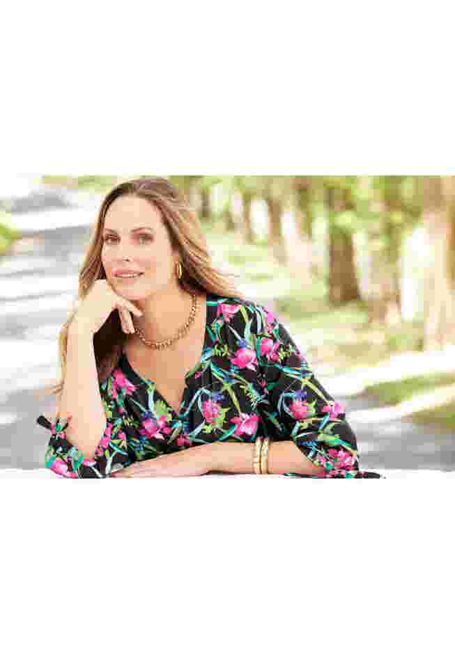 Georgette Buttonfront Tie Sleeve Cafe Blouse image number 2