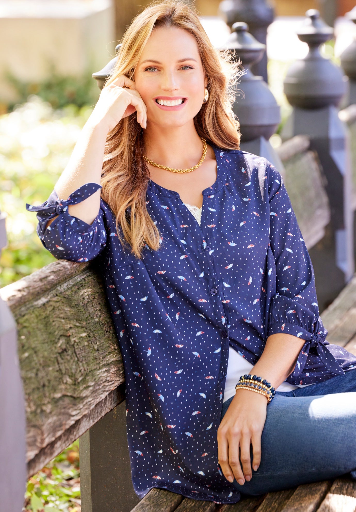 Georgette Buttonfront Tie Sleeve Cafe Blouse image number 6