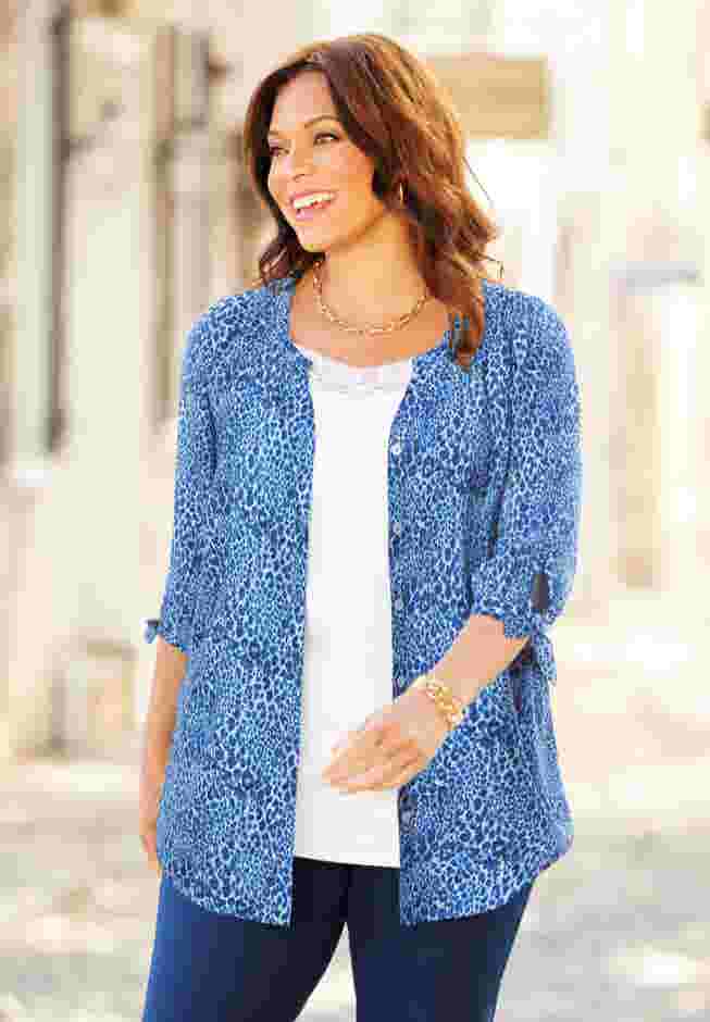 Georgette Buttonfront Tie Sleeve Cafe Blouse image number 8