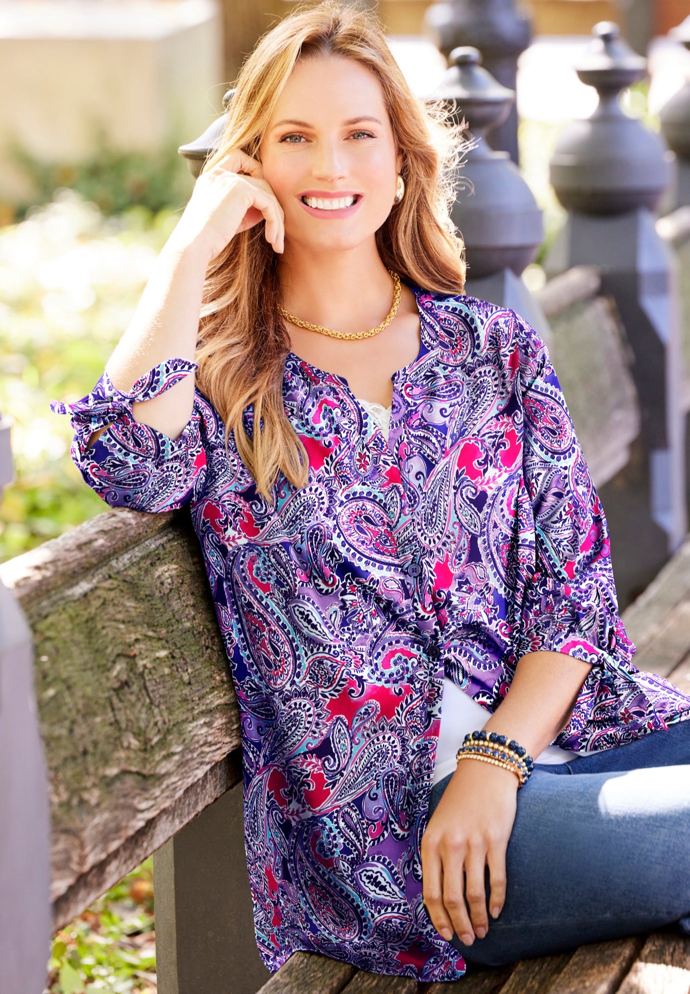 Georgette Buttonfront Tie Sleeve Cafe Blouse image number 0