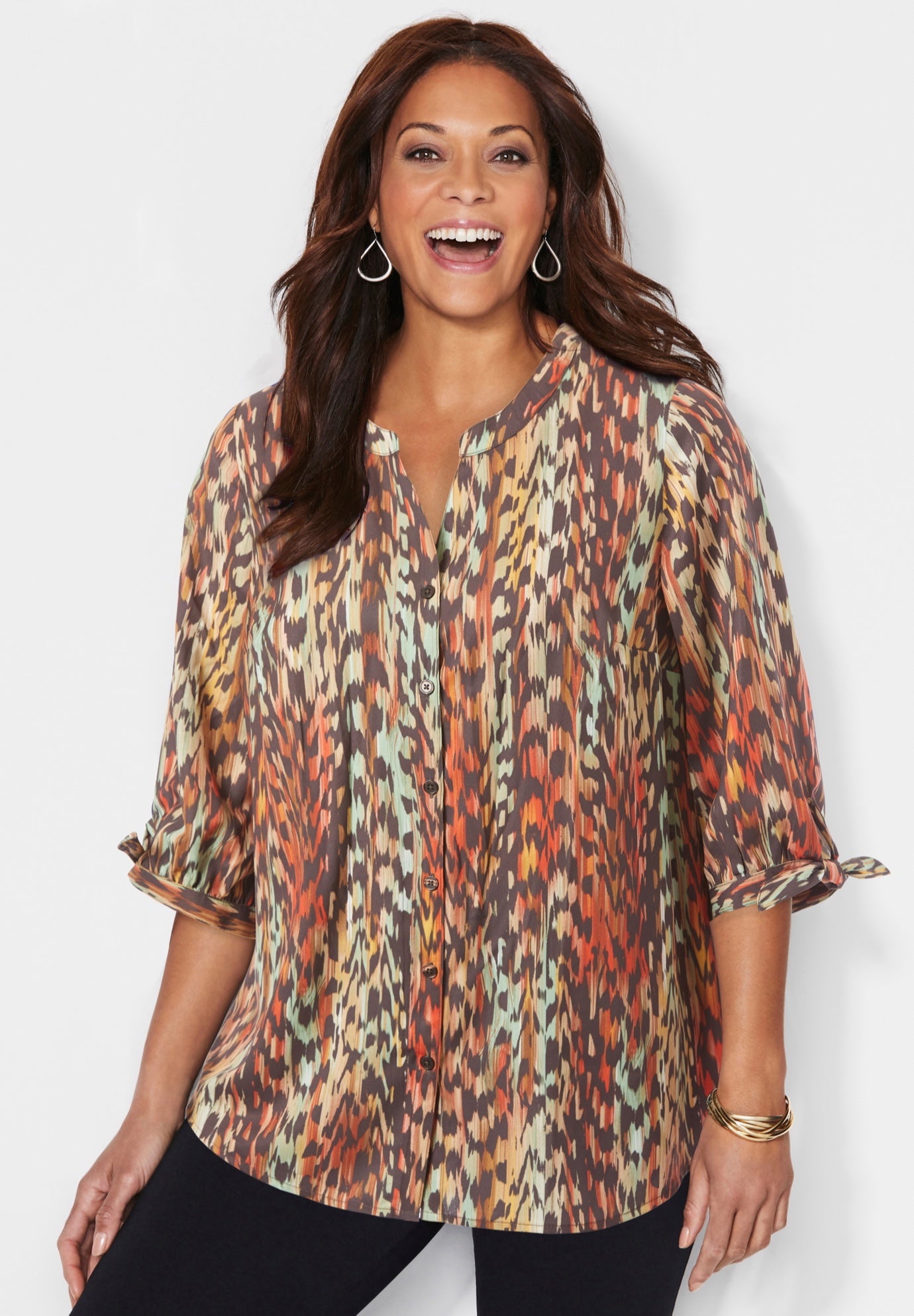 Georgette Buttonfront Tie Sleeve Cafe Blouse image number 0