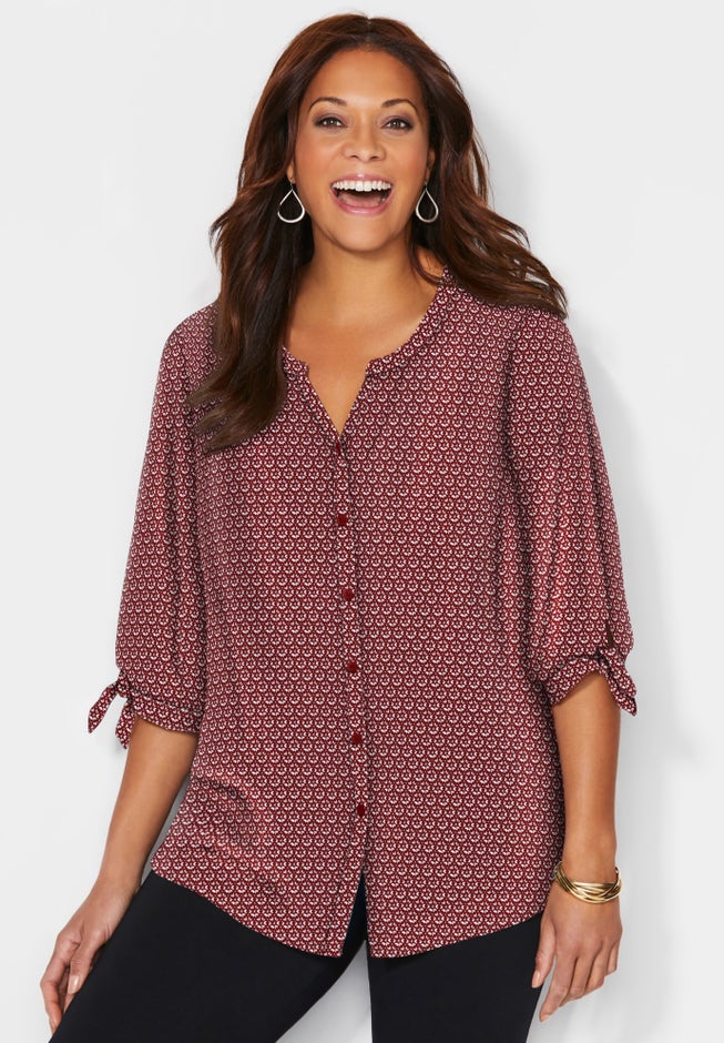 Georgette Buttonfront Tie Sleeve Cafe Blouse image number 0
